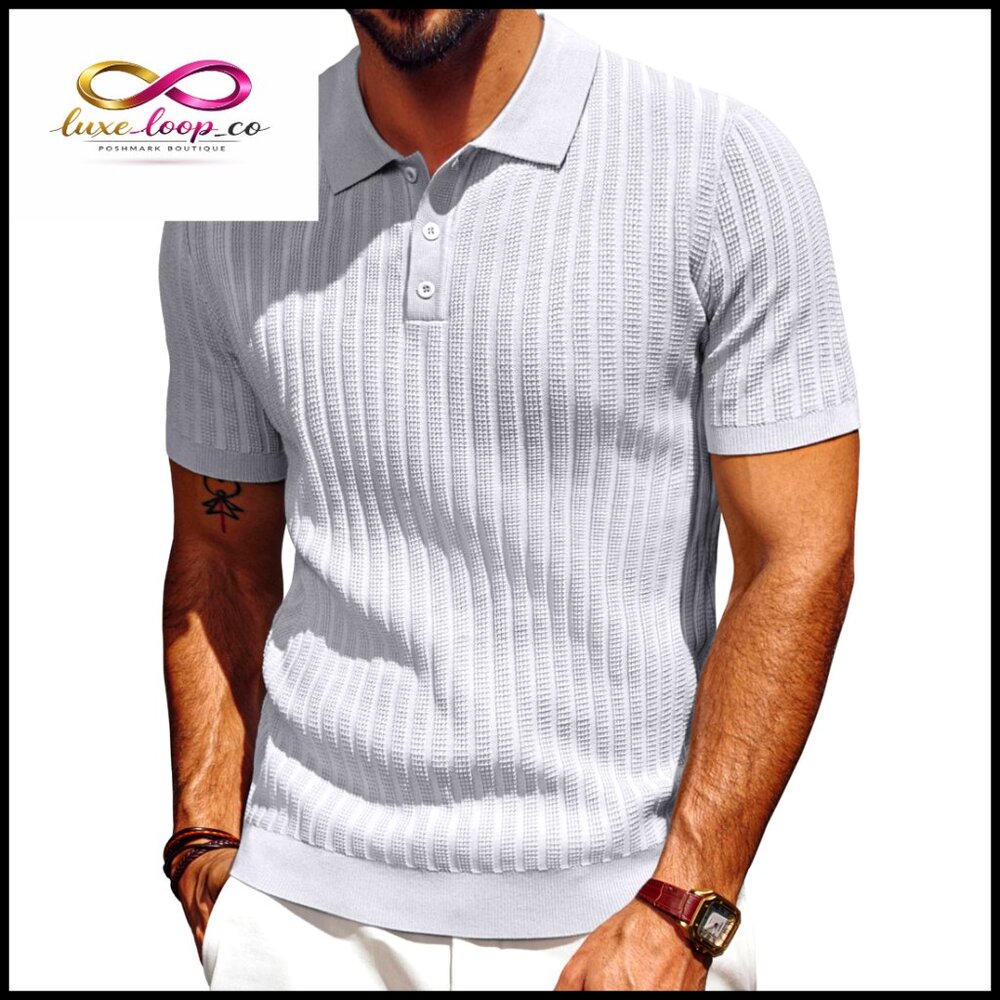 Men's Knit Polo Shirt Short Sleeve Textured Casual Summer Collared Tee